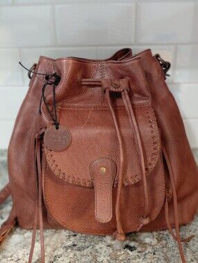 Myra Bag Brown Distressed Leather Mckennon Trail Drawstring Bucket Bag